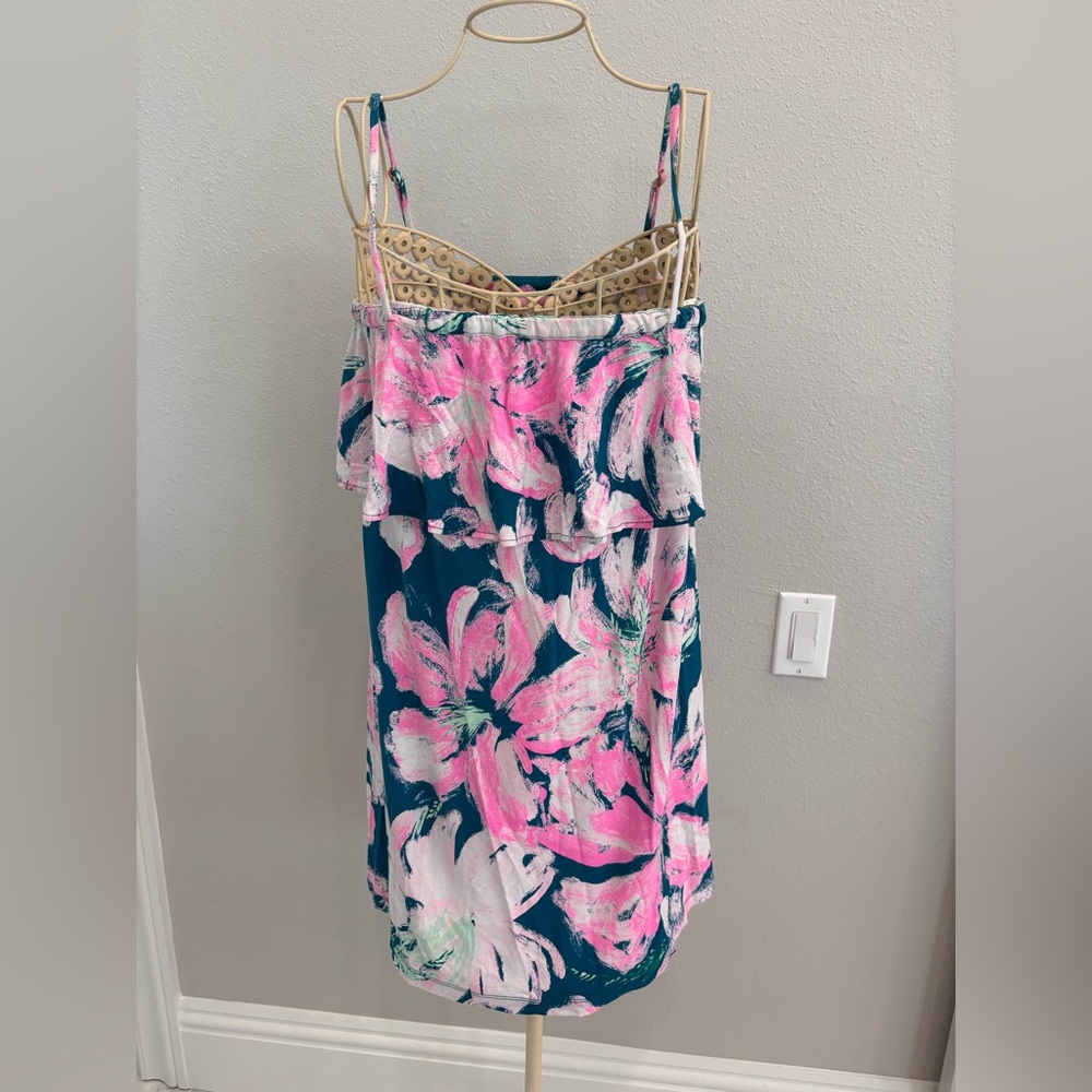 Lilly Pulitzer Pink & Teal Floral Ruffle Annastasha Popover Dress in Size MEDIUM